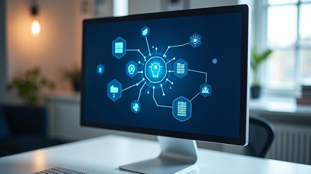 Computerskærm viser integrationssoftware med forbundne app-ikoner og dataflow-diagram