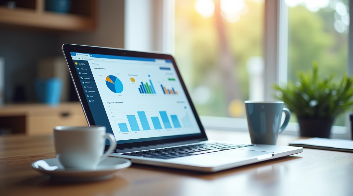 Laptop på skrivebord med diagrammer og analysedata på skærmen