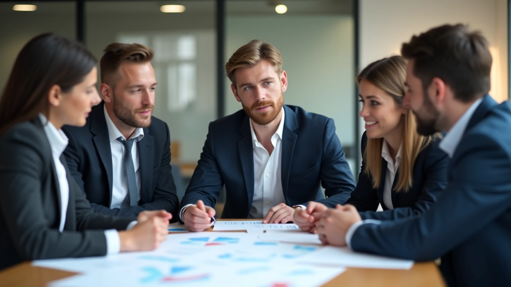 Holdmedlemmer diskuterer strategi omkring papirdiagrammer på konferencebord