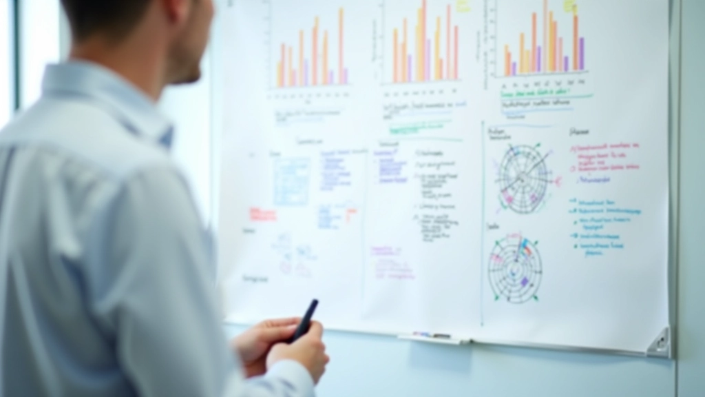 Hvid whiteboard med grafer og notater skrevet i marker, flere farvede kryds og pile